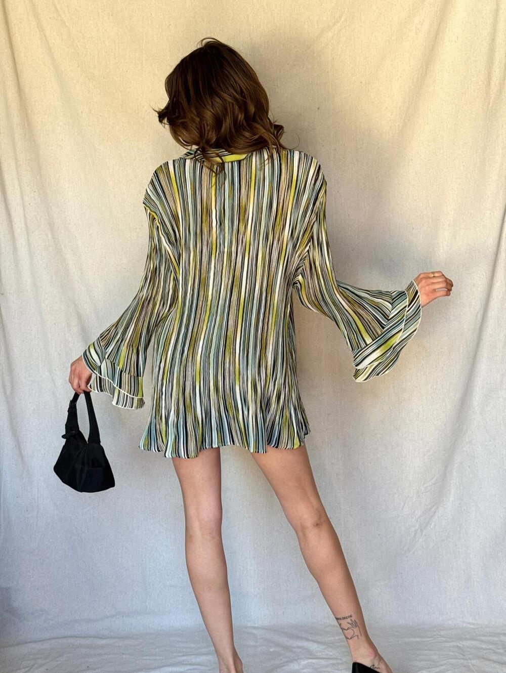 Y2K Striped Whimsy Crinkle Pleat Blouse